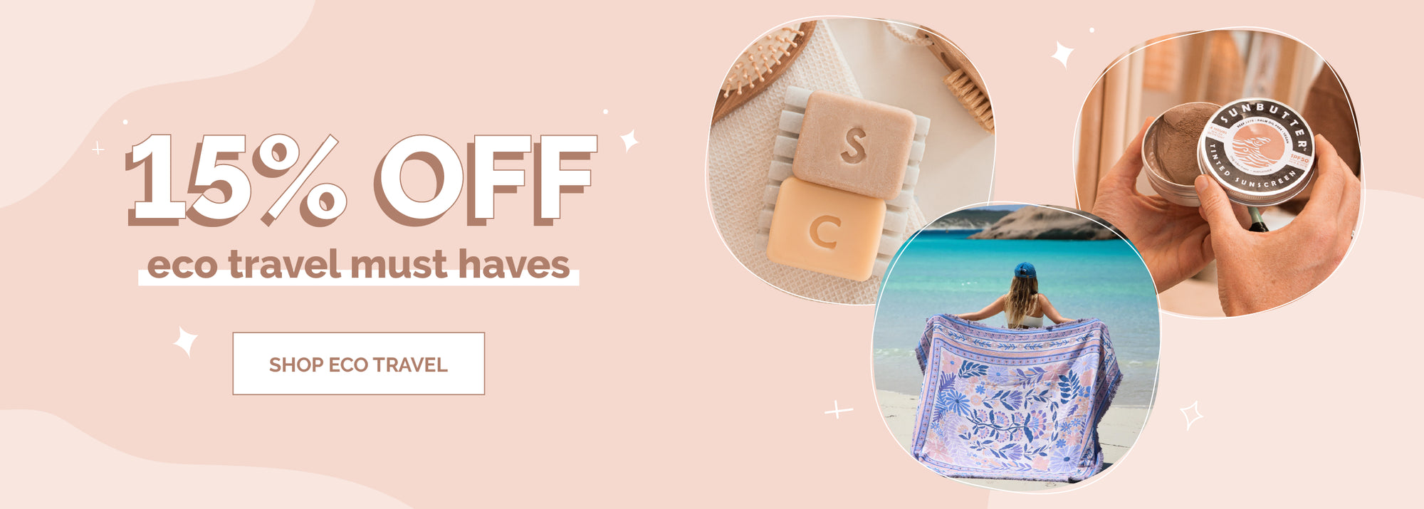 Promotional banner with '15% OFF eco travel must haves' text and images of travel accessories on a pink background.