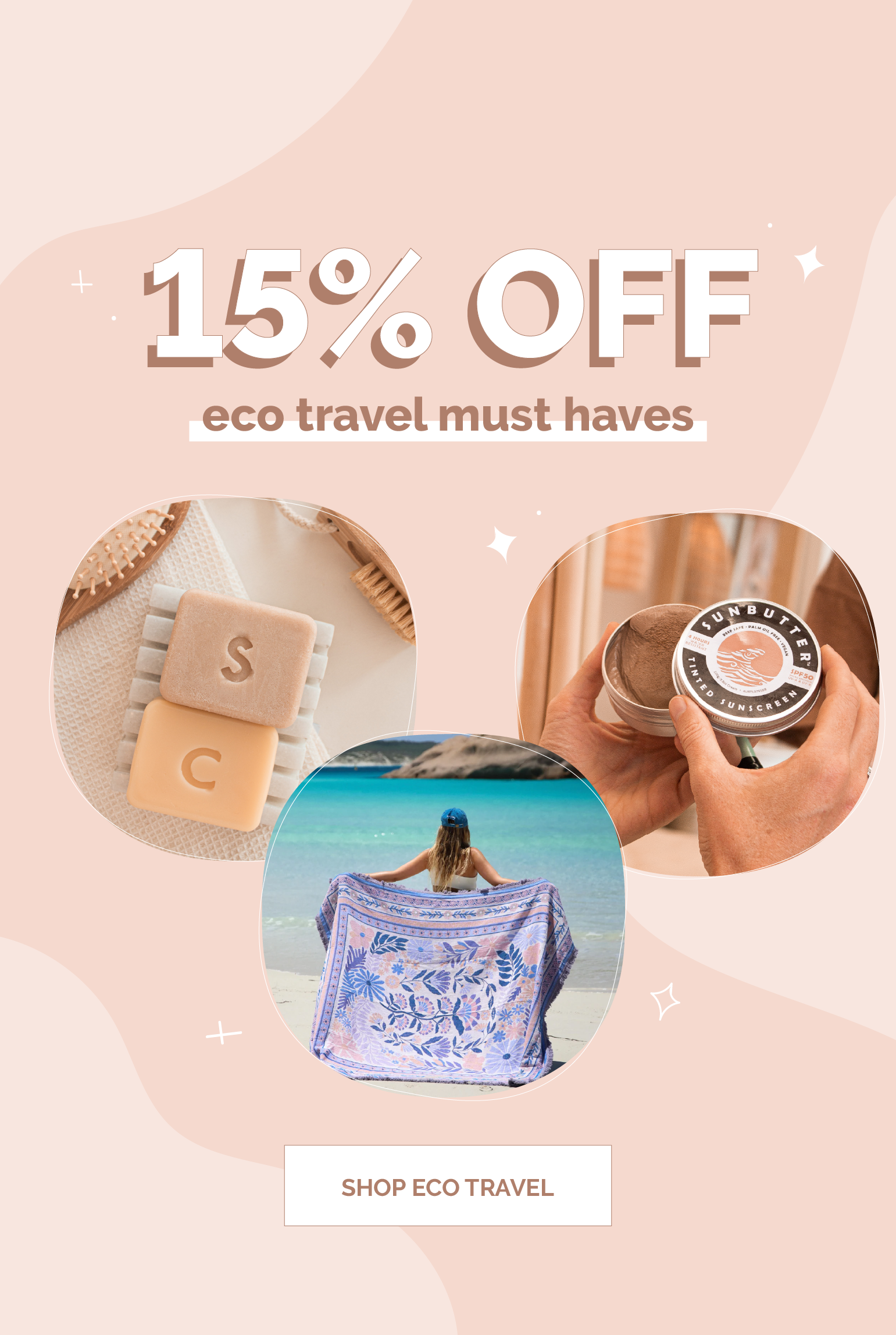 Promotional banner for eco travel products with images of zero-waste shampoo and conditioner bars, natural sunscreen in a reusable tin and a recycled cotton rug, on a light pink background.