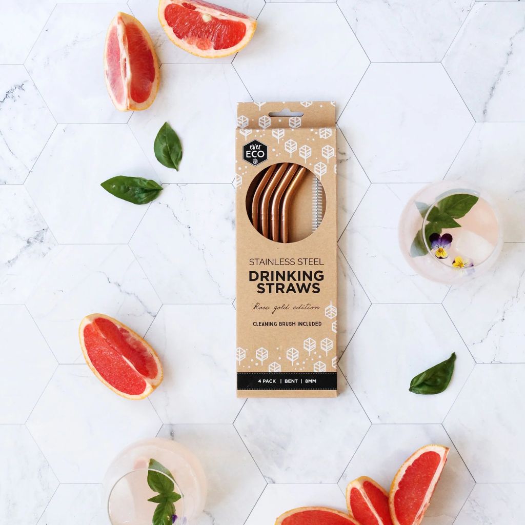 Go-For-Zero-Australia-Ever-Eco-Stainless-Steel-Straws-Rose-Gold-4-Pack-Bent-Front