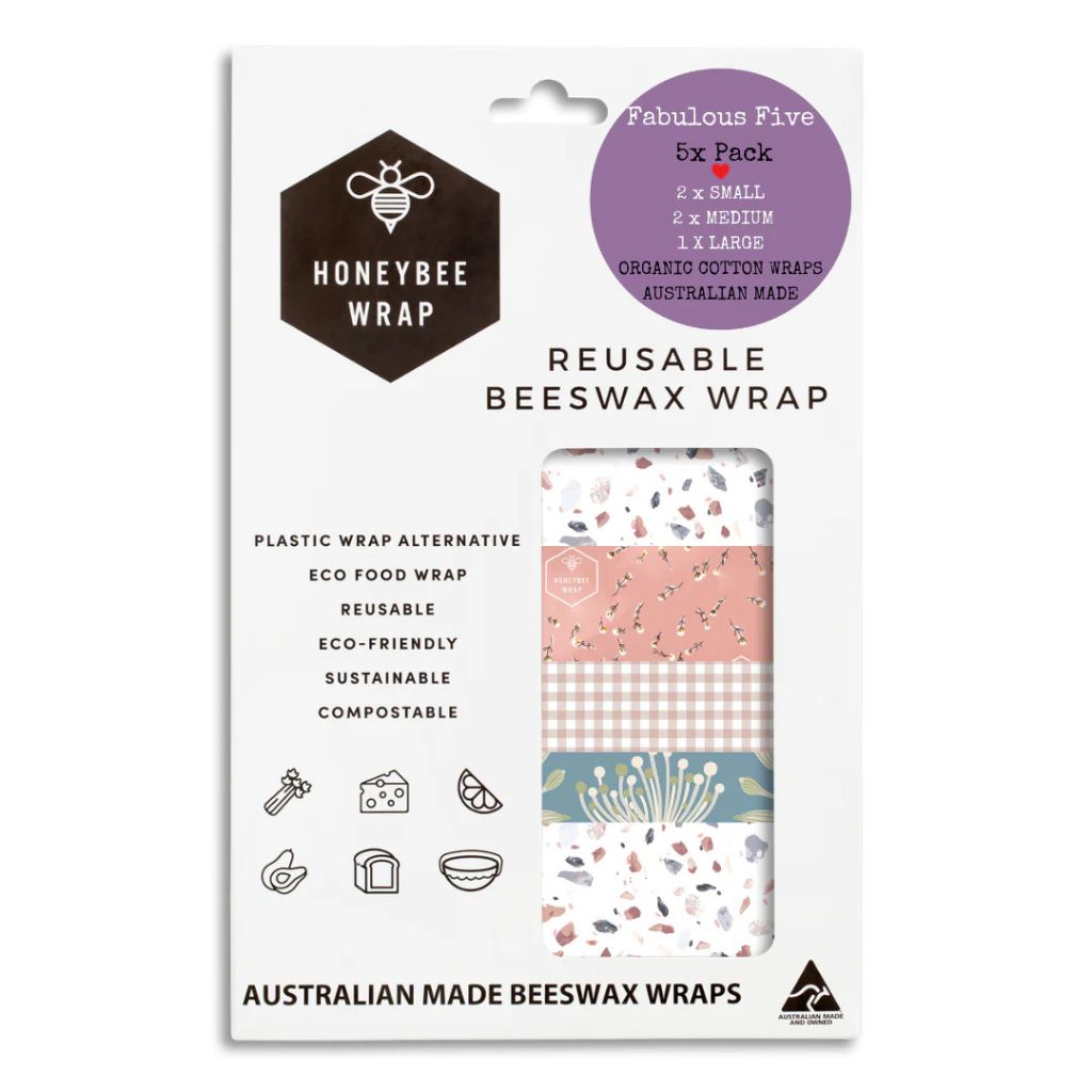 Go-For-Zero-Australia-Honeybee-Wrap-Australia-The-Fabulous-Five-Reusable-Beeswax-Food-Wraps-Pack-Neutrals-Range