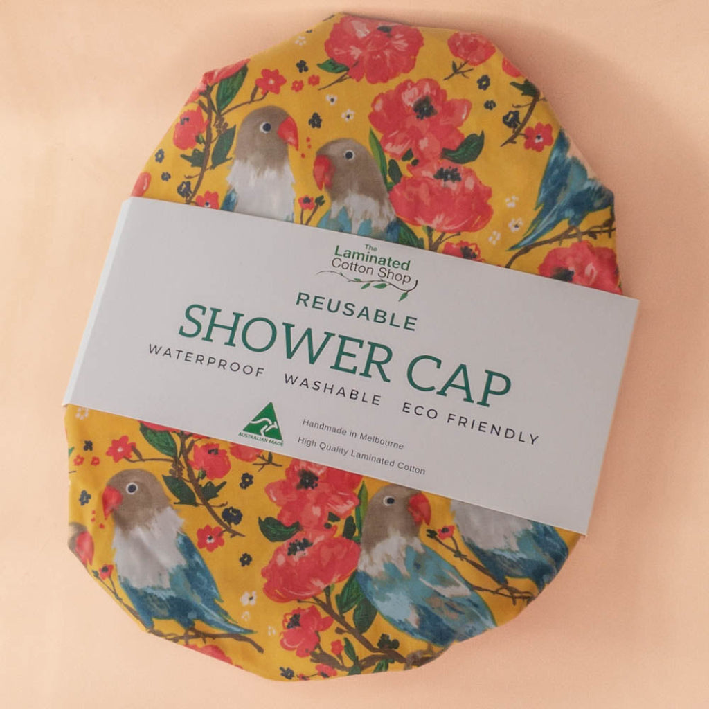 Go-For-Zero-Australia-Laminated-Cotton-Shop-Reusable-Shower-Cap-Birds-Packaging