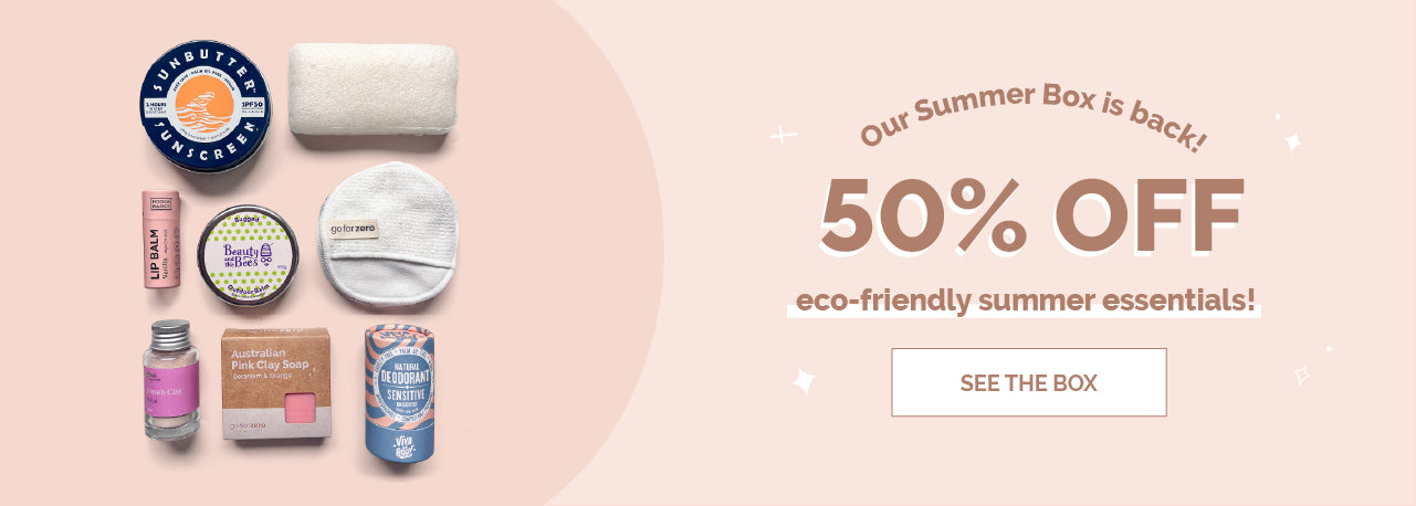 Collection of zero-waste summer skincare and beauty products with promotional text '50% off Eco-Friendly Summer Box' on a pink background