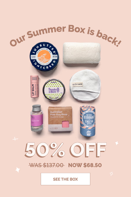 Collection of zero-waste summer skincare and beauty products with promotional text '50% off SummerBox' on a pink background
