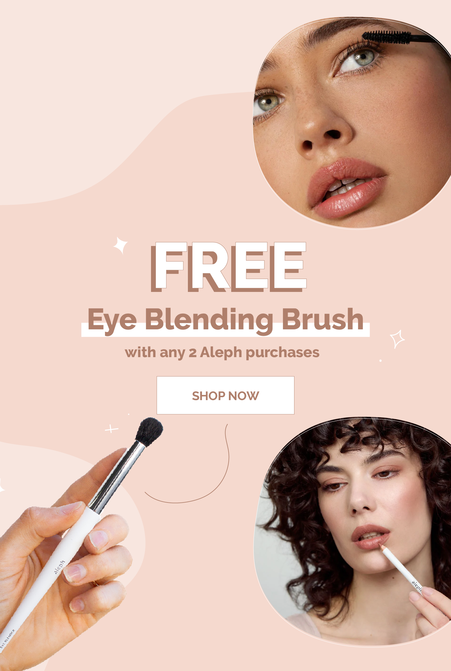 Promotional graphic for a free eye blending brush with any 2 Aleph purchases, featuring a makeup brush and two women applying makeup on a pale pink background. 