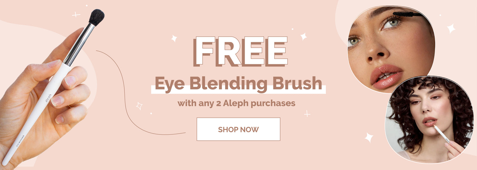 Promotional banner for a free eye blending brush with any 2 Aleph purchases featuring a makeup brush and two women applying makeup on a pale pink background. 