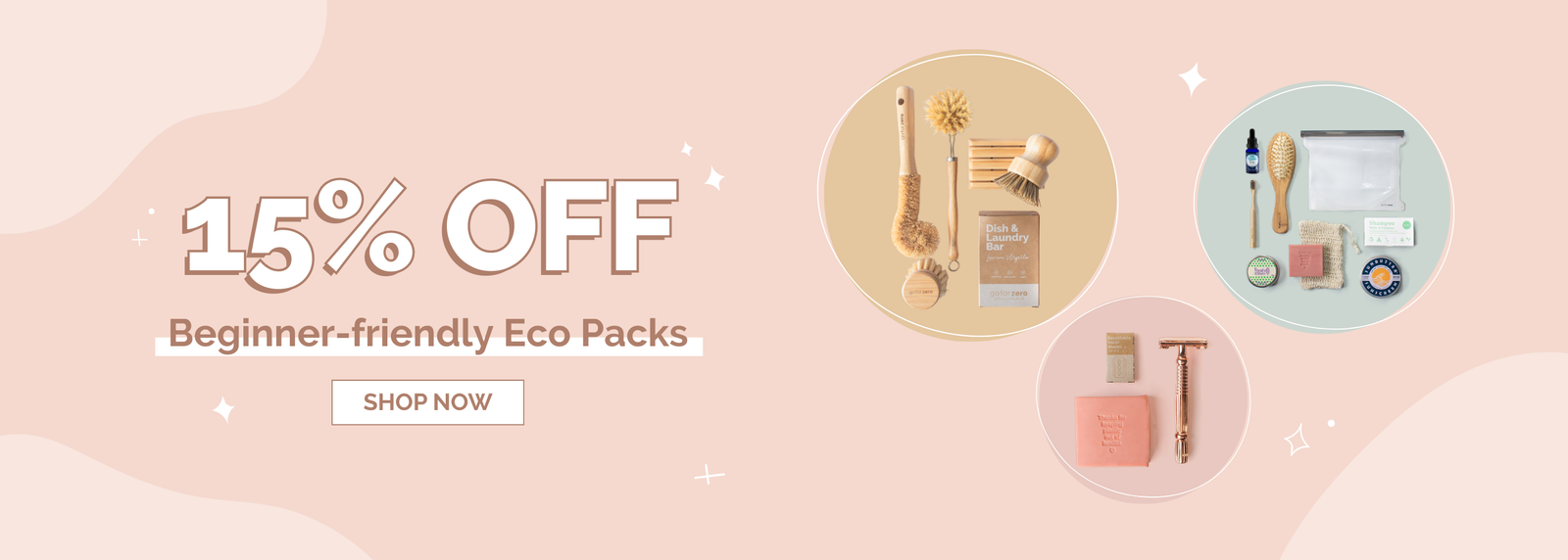 Promotional banner for eco-friendly product packs with 15% off offer on a light pink background.