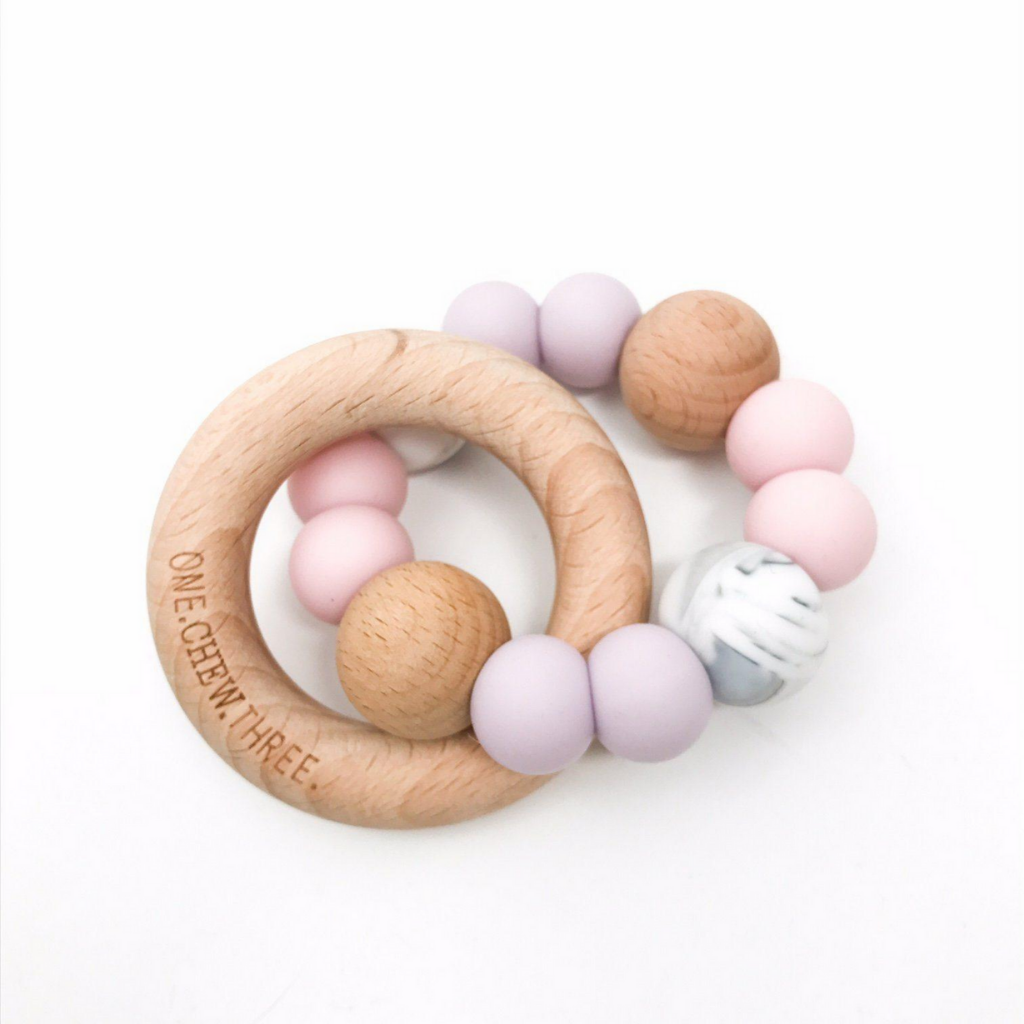 Go-For-Zero-Australia-One-Chew-Three-Australia-Silicone-Beech-Wood-Teether-Pale-Pink-Marble