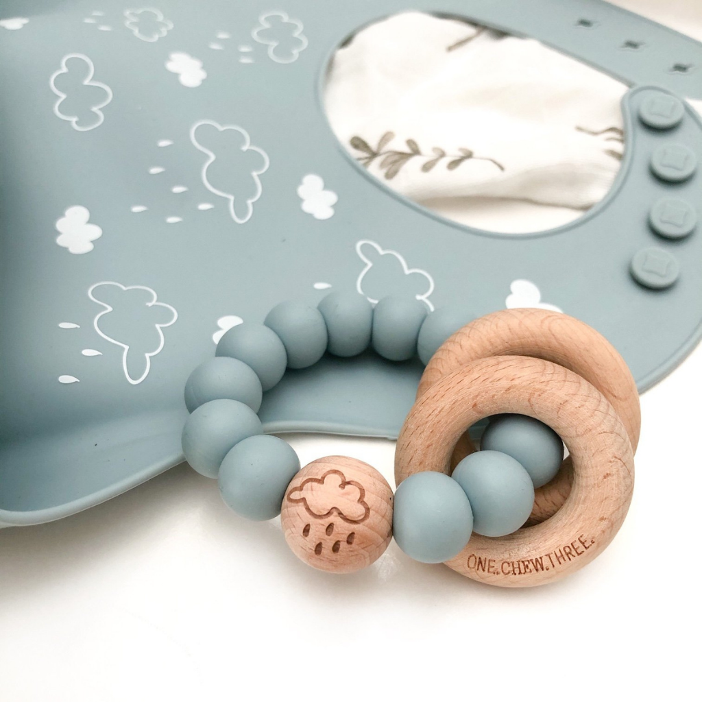 Go-For-Zero-Australia-One-Chew-Three-Australia-Silicone-And-Beech-Wood-Teether-Silicone-Catch-Bib-Blue-Cloud