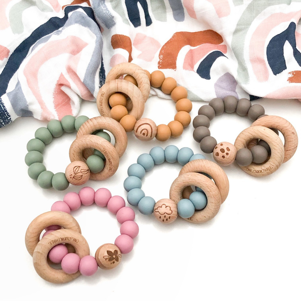 Go-For-Zero-Australia-One-Chew-Three-Australia-Silicone-And-Beech-Wood-Teether-Caramel-Rainbow  Edit alt text