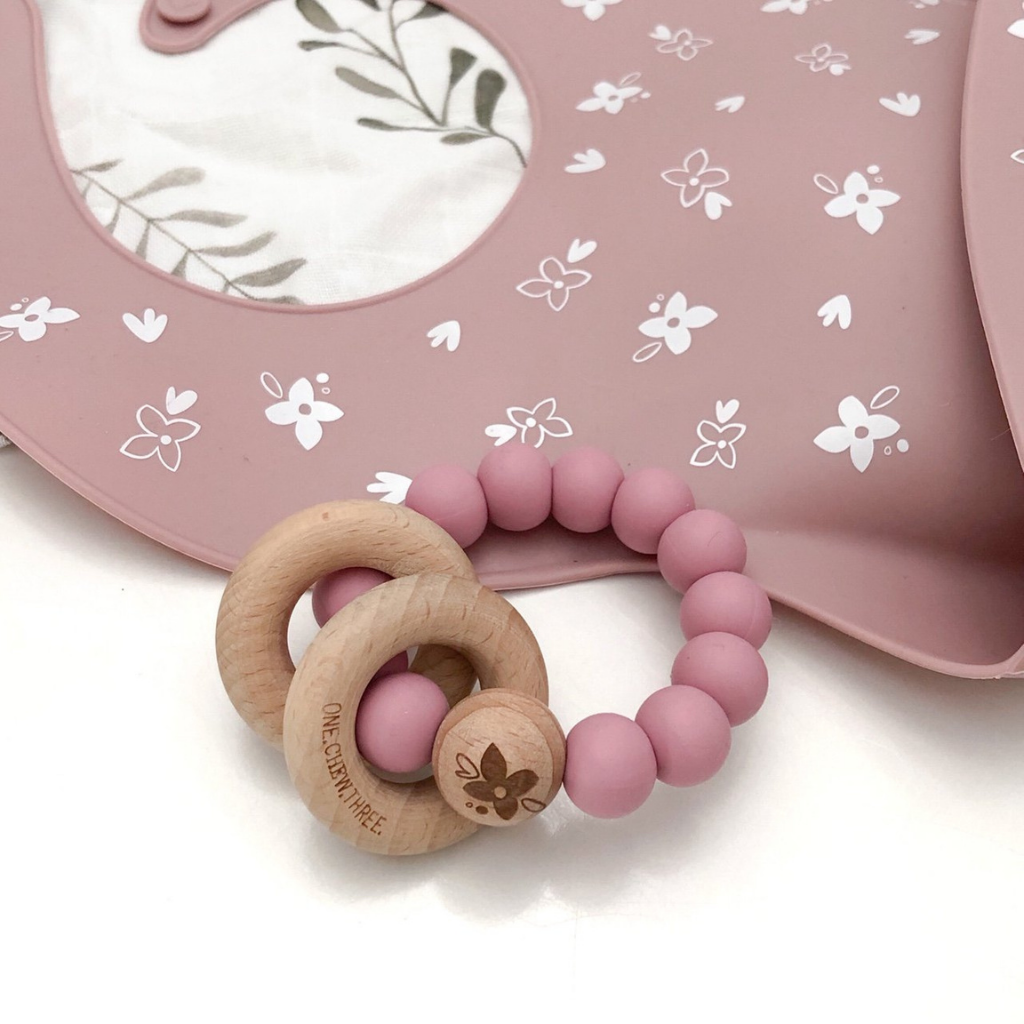 Go-For-Zero-Australia-One-Chew-Three-Australia-Silicone-Catch-Bib-Silicone-And-Beech-Wood-Teether-Pack-Floral-Rose-Elements
