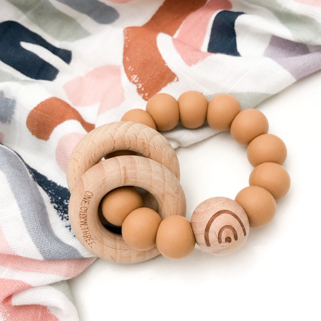 Go-For-Zero-Australia-One-Chew-Three-Australia-Silicone-And-Beech-Wood-Teether-Caramel-Rainbow