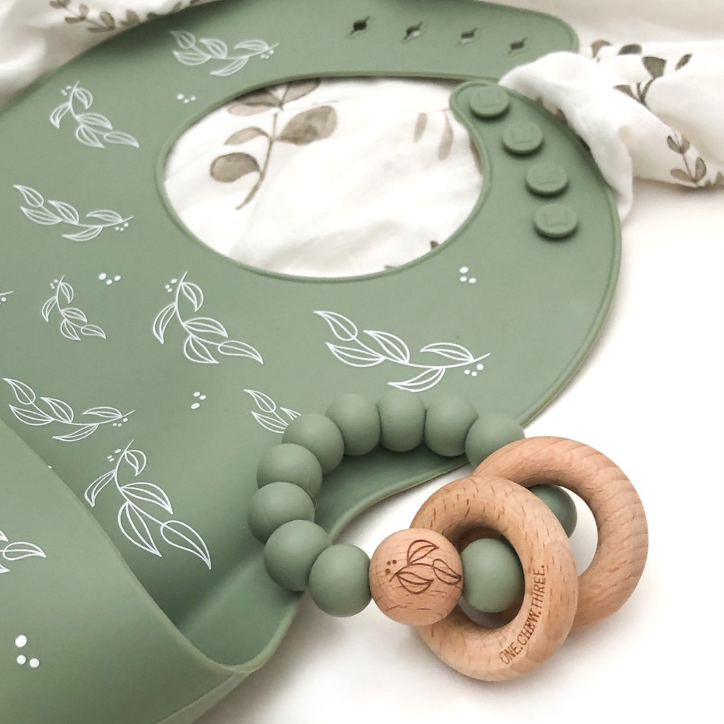 Go-For-Zero-Australia-One-Chew-Three-Australia-Silicone-Catch-Bib-Silicone-And-Beech-Wood-Teether-Pack-Sage-Foliage-Elements