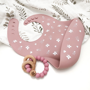 Go-For-Zero-Australia-One-Chew-Three-Australia-Silicone-Catch-Bib-Silicone-And-Beech-Wood-Teether-Pack-Floral-Rose-Elements