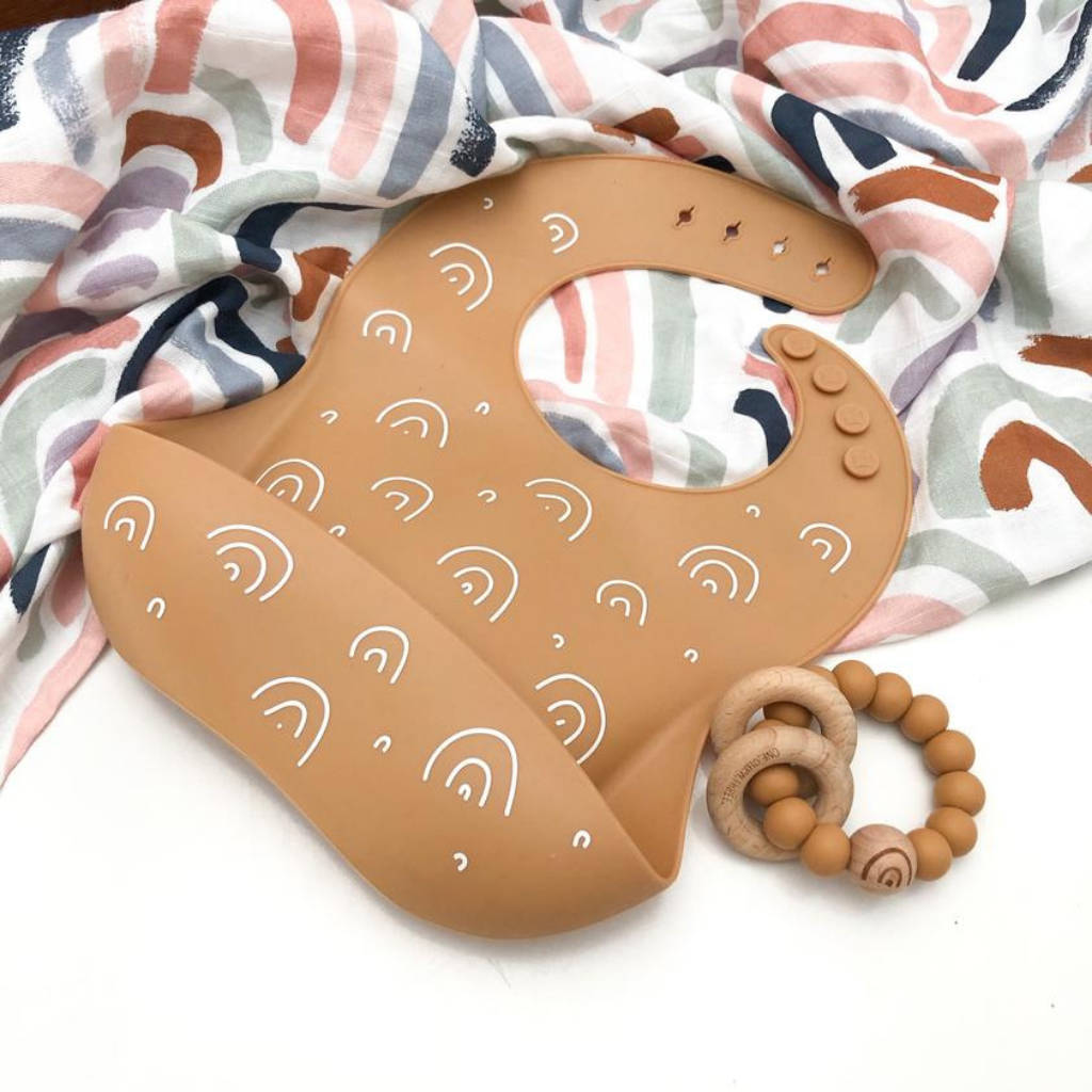 Go-For-Zero-Australia-One-Chew-Three-Australia-Silicone-Catch-Bib-Silicone-And-Beech-Wood-Teether-Pack-Caramel-Rainbow-Elements